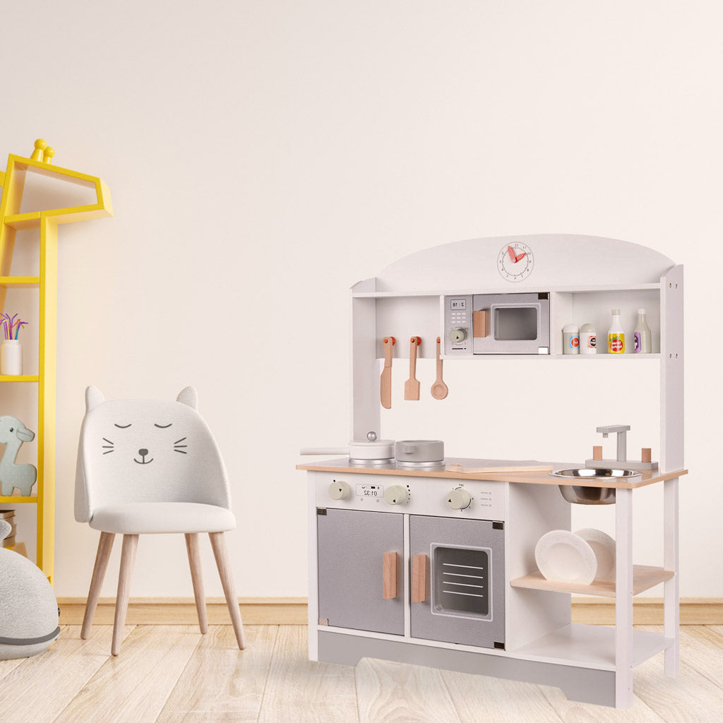 Drewniana kuchnia dziecięca MDF Modern Classic z akcesoriami, szara, 82 cm