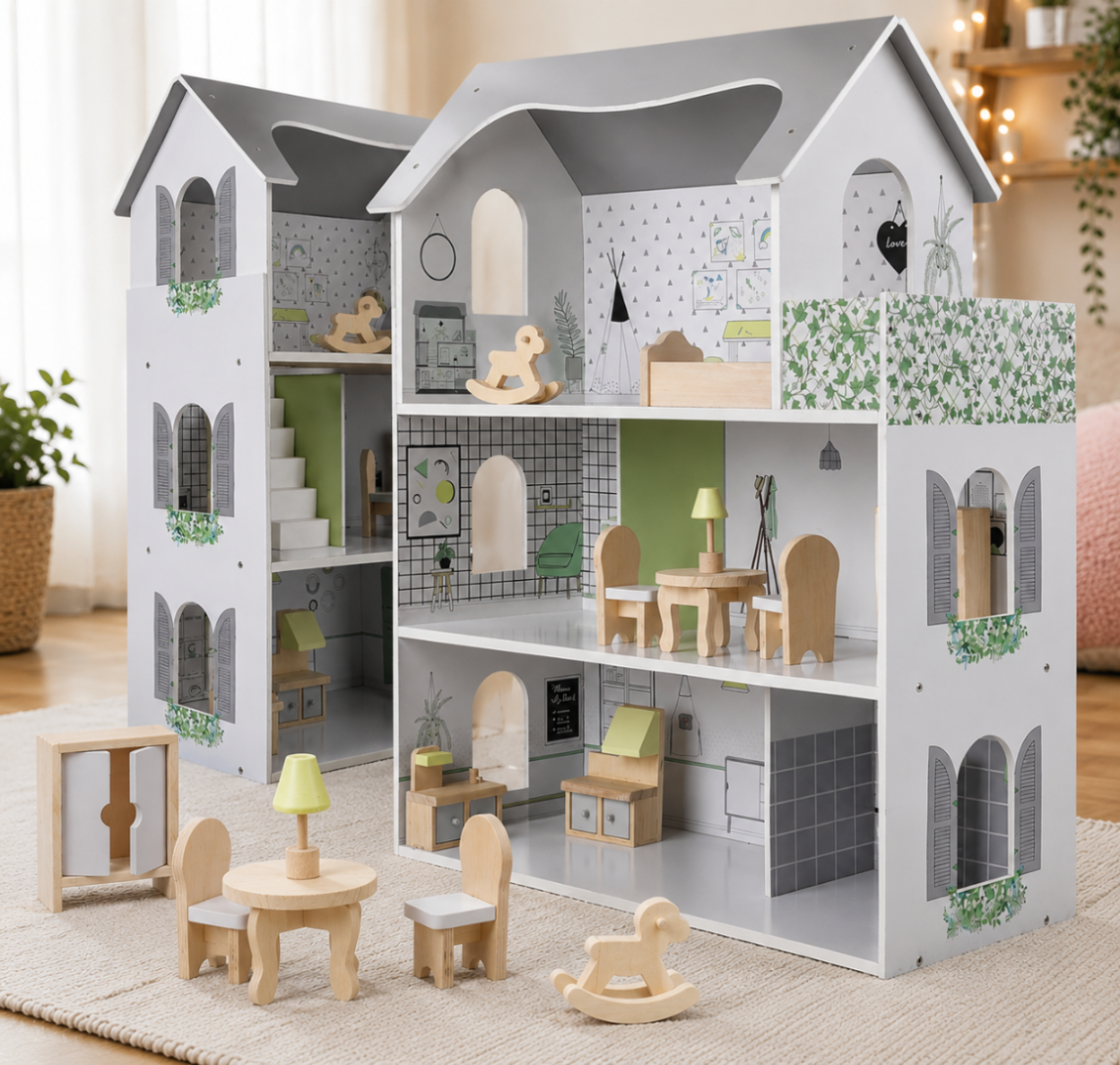 Drewniany domek dla lalek z mebelkami 70 cm szary
