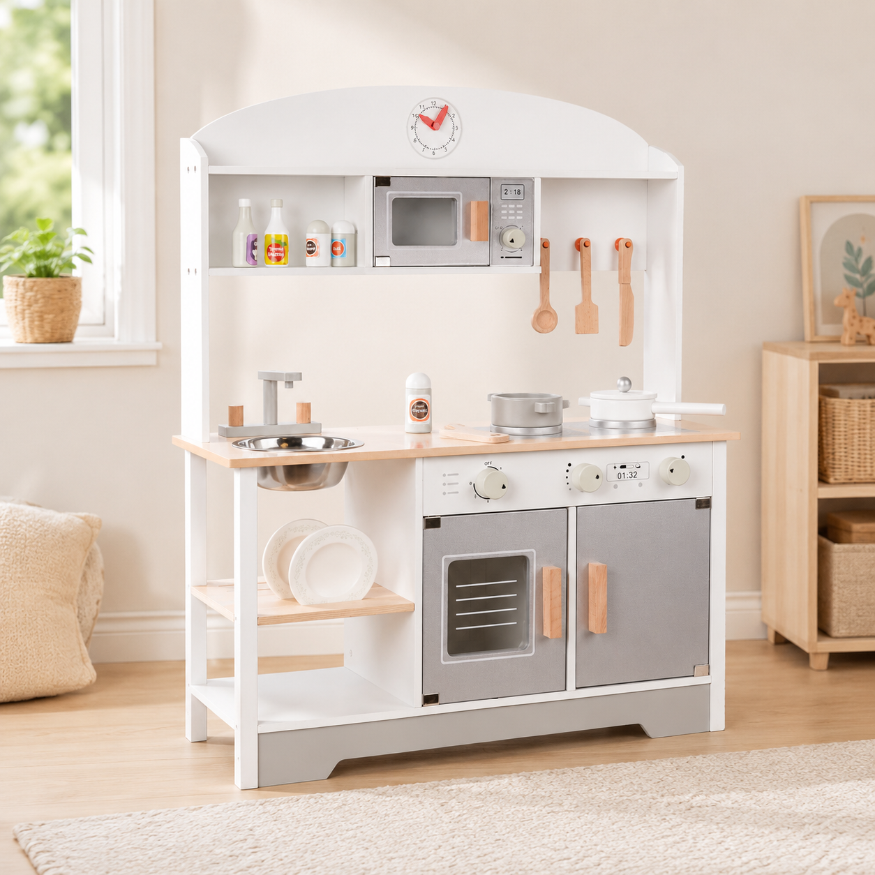 Drewniana kuchnia dziecięca MDF Modern Classic z akcesoriami, szara, 82 cm
