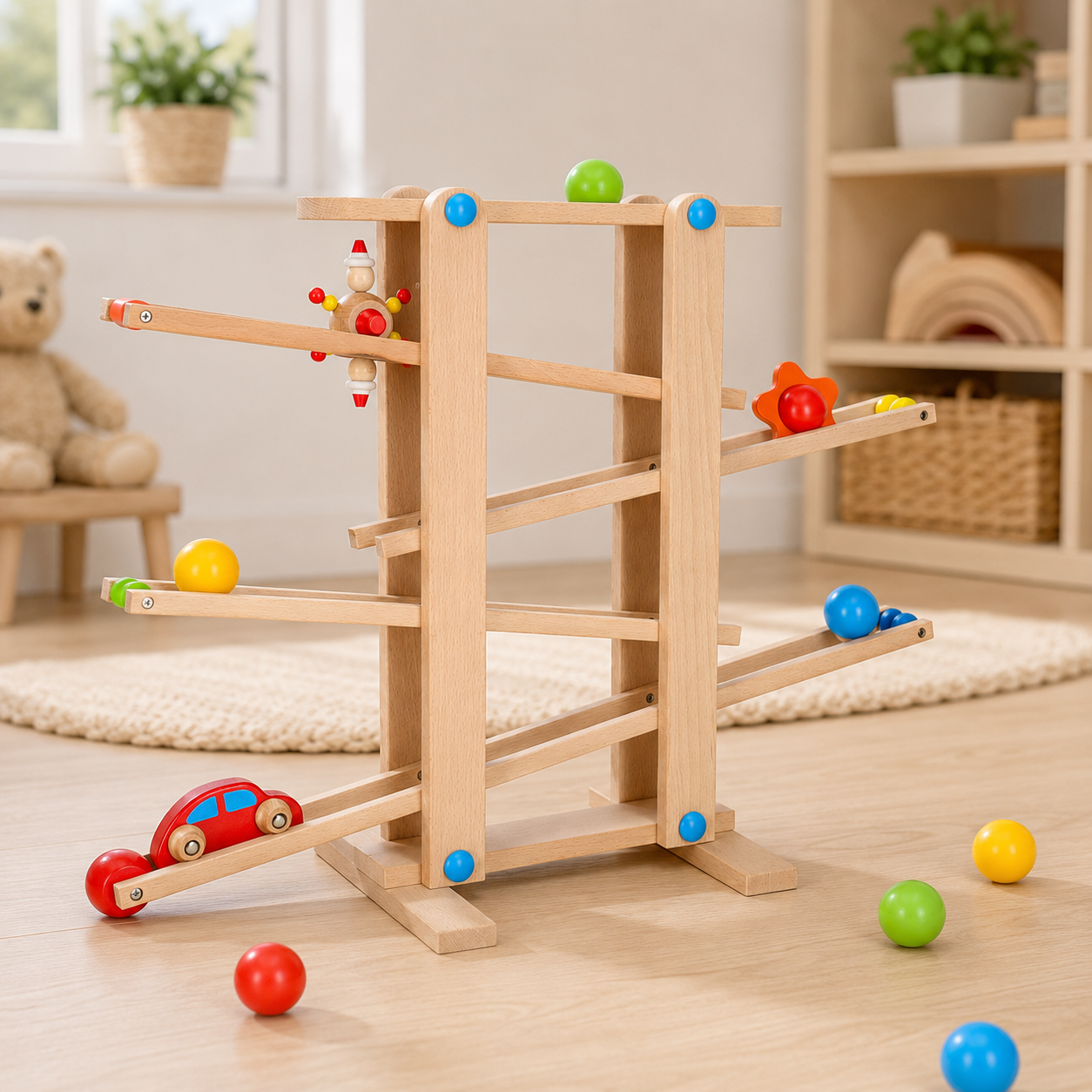 Drewniany tor kulkowy XXL Montessori z kulkami i autkiem