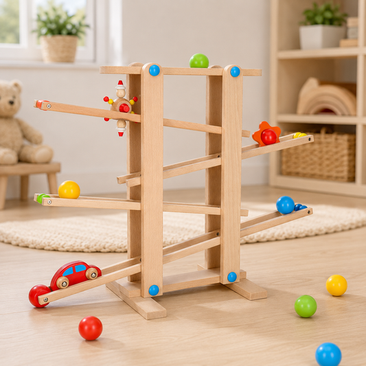 Drewniany tor kulkowy XXL Montessori z kulkami i autkiem
