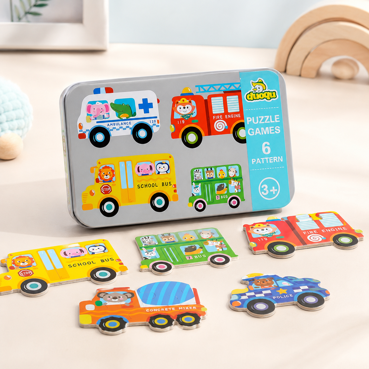 Edukacyjne puzzle dla dzieci w puszce – pojazdy, 30 elementów, 6 obrazków