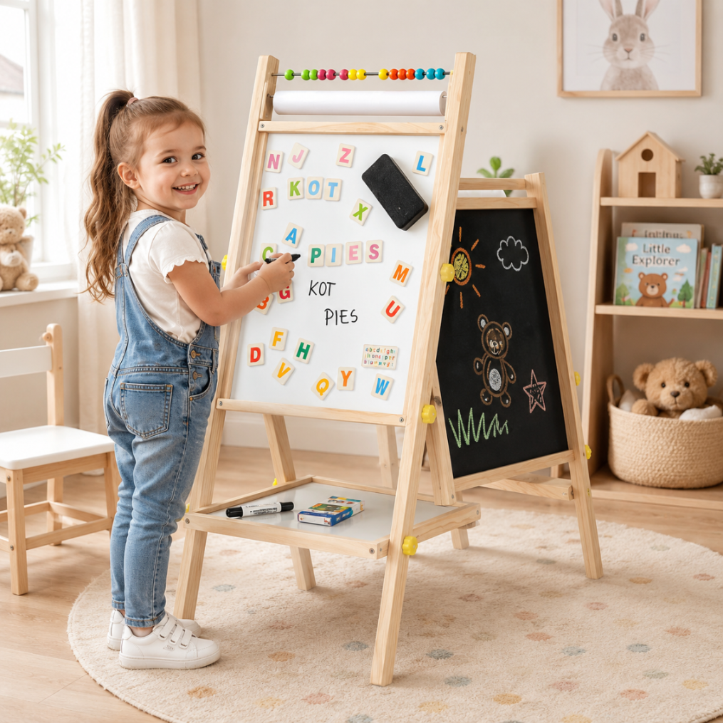 Dwustronna tablica magnetyczno-kredowa drewniana 38x37x90 cm z literkami i akcesoriami