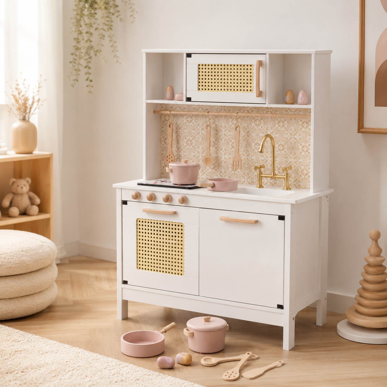 Drewniana kuchnia dziecięca retro BOHO z akcesoriami 100 cm