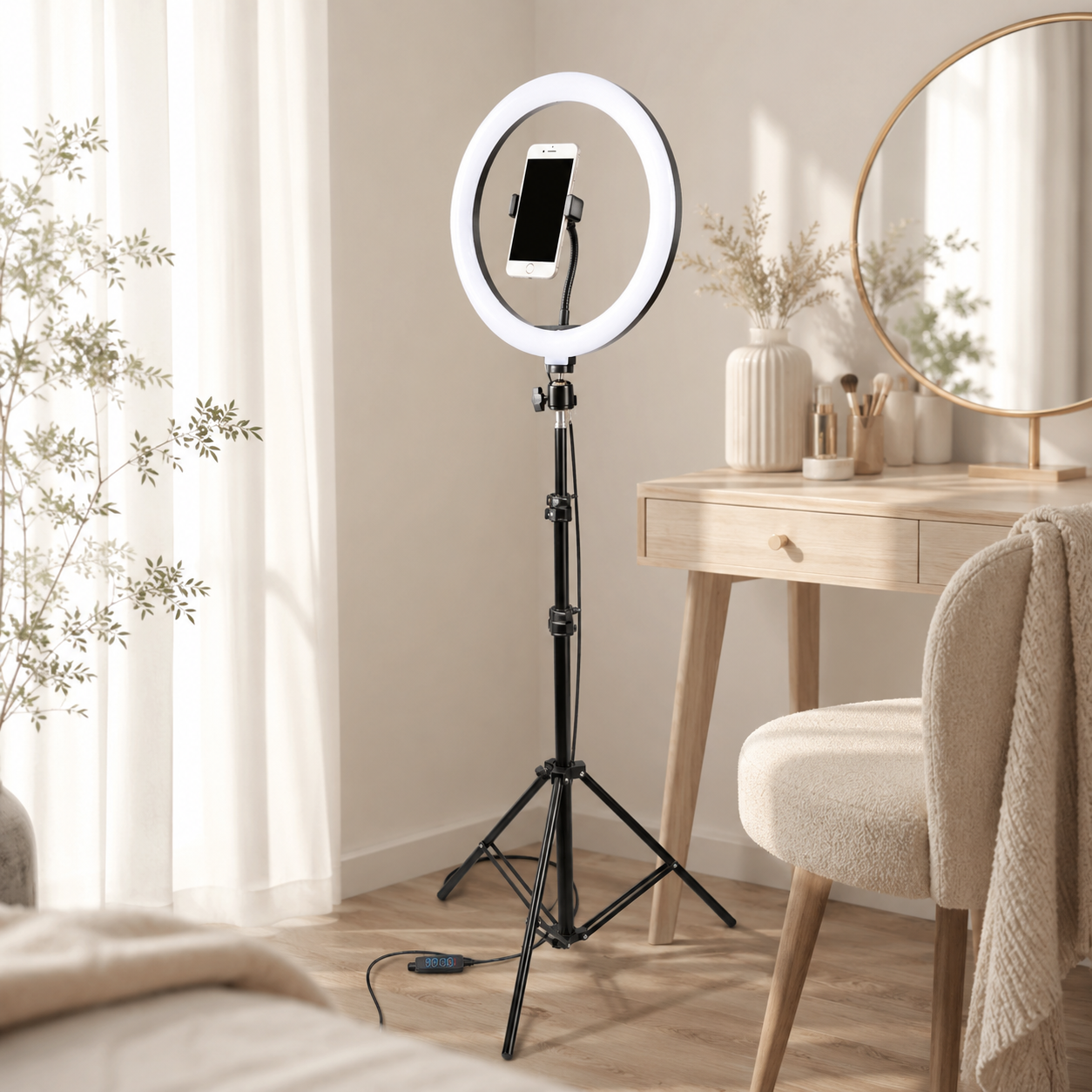 Lampa pierścieniowa LED 60W z uchwytem na telefon i statywem 220 cm