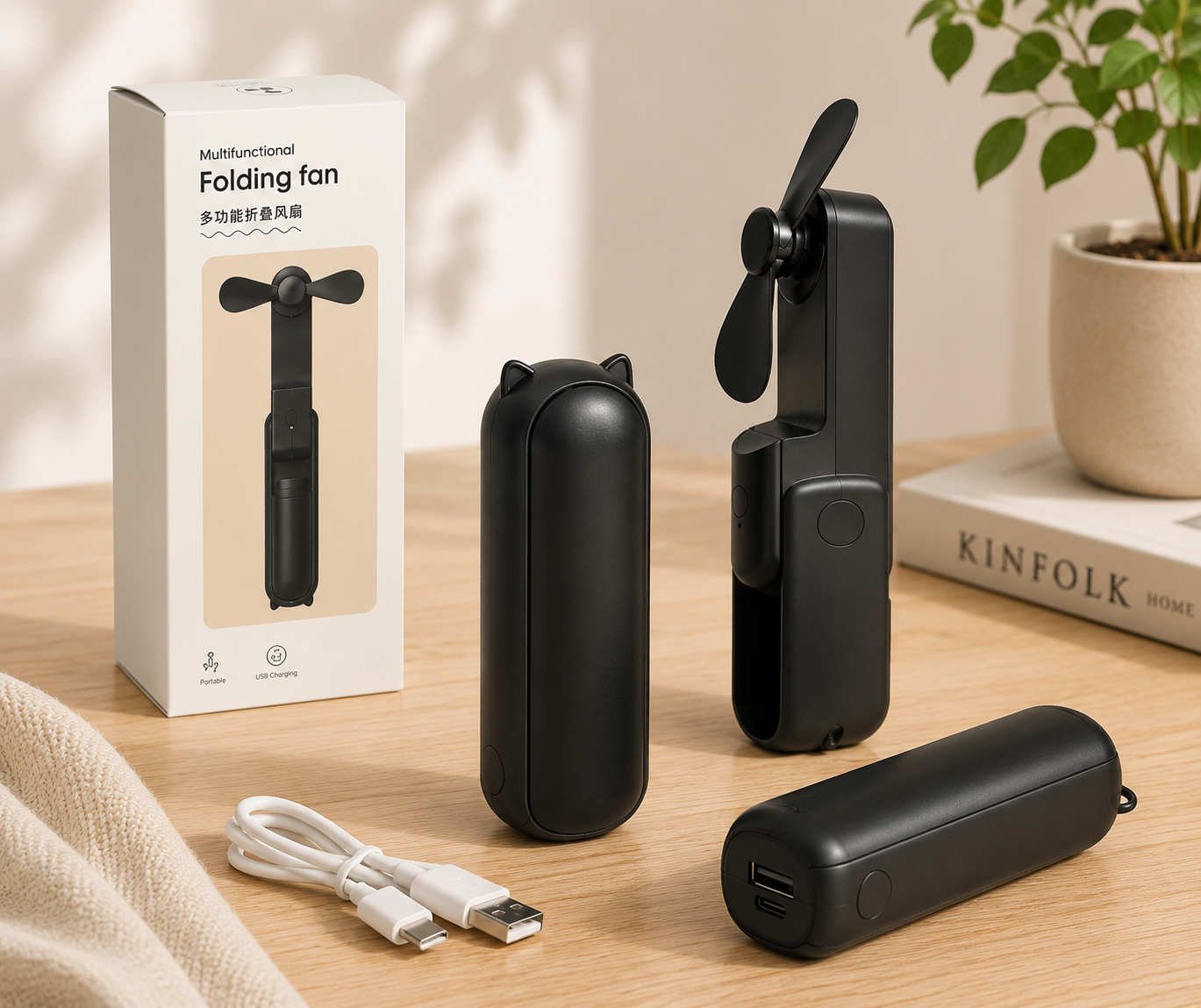 Mini wentylator USB 2w1 składany przenośny biurkowy czarny