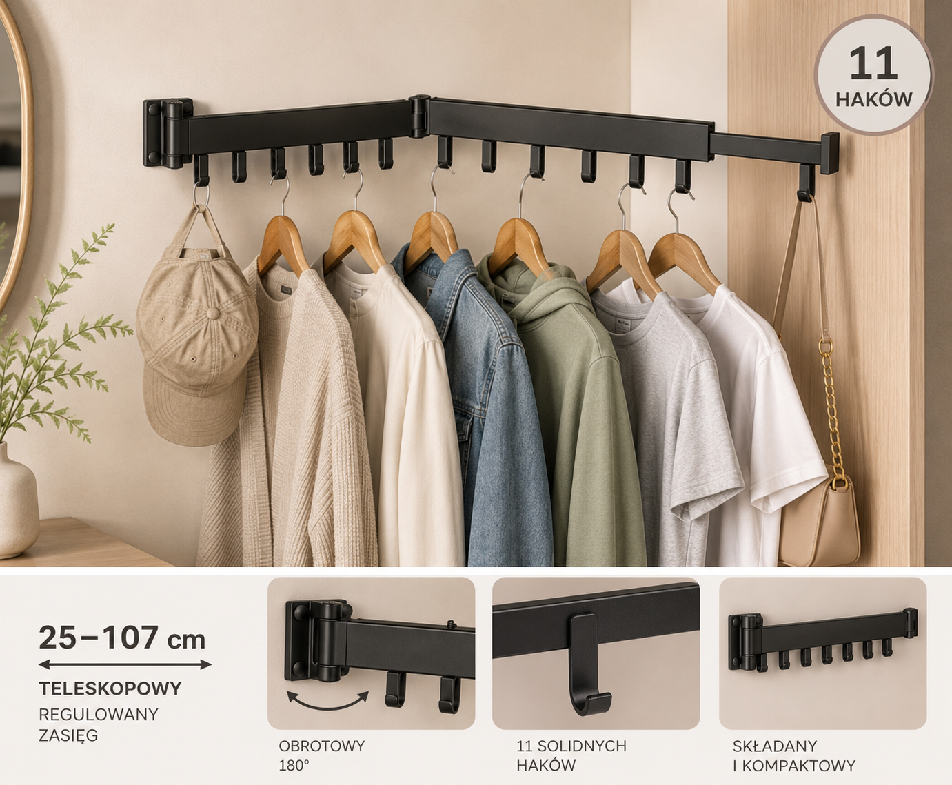 Suszarka na pranie wieszak ścienny naścienny składany teleskopowy czarny 12 haczyków 90cm