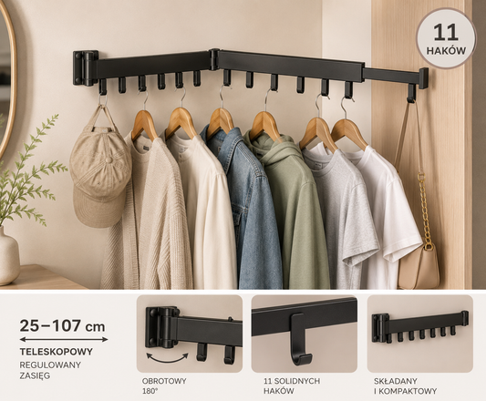 Suszarka na pranie wieszak ścienny naścienny składany teleskopowy czarny 12 haczyków 90cm