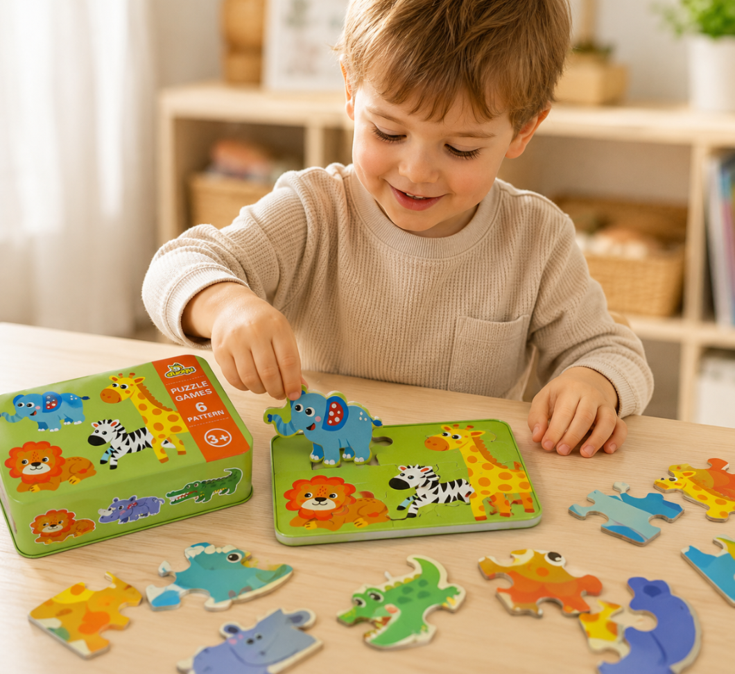 Puzzle dla dzieci układanka w puszce zwierzątka safari 25 puzzli 6 obrazków