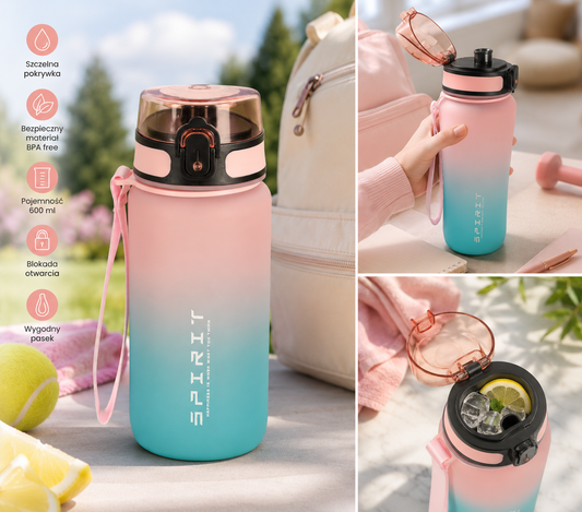 Butelka na wodę bidon z ustnikiem, BPA FREE 600ml, kolor różowo-niebieski