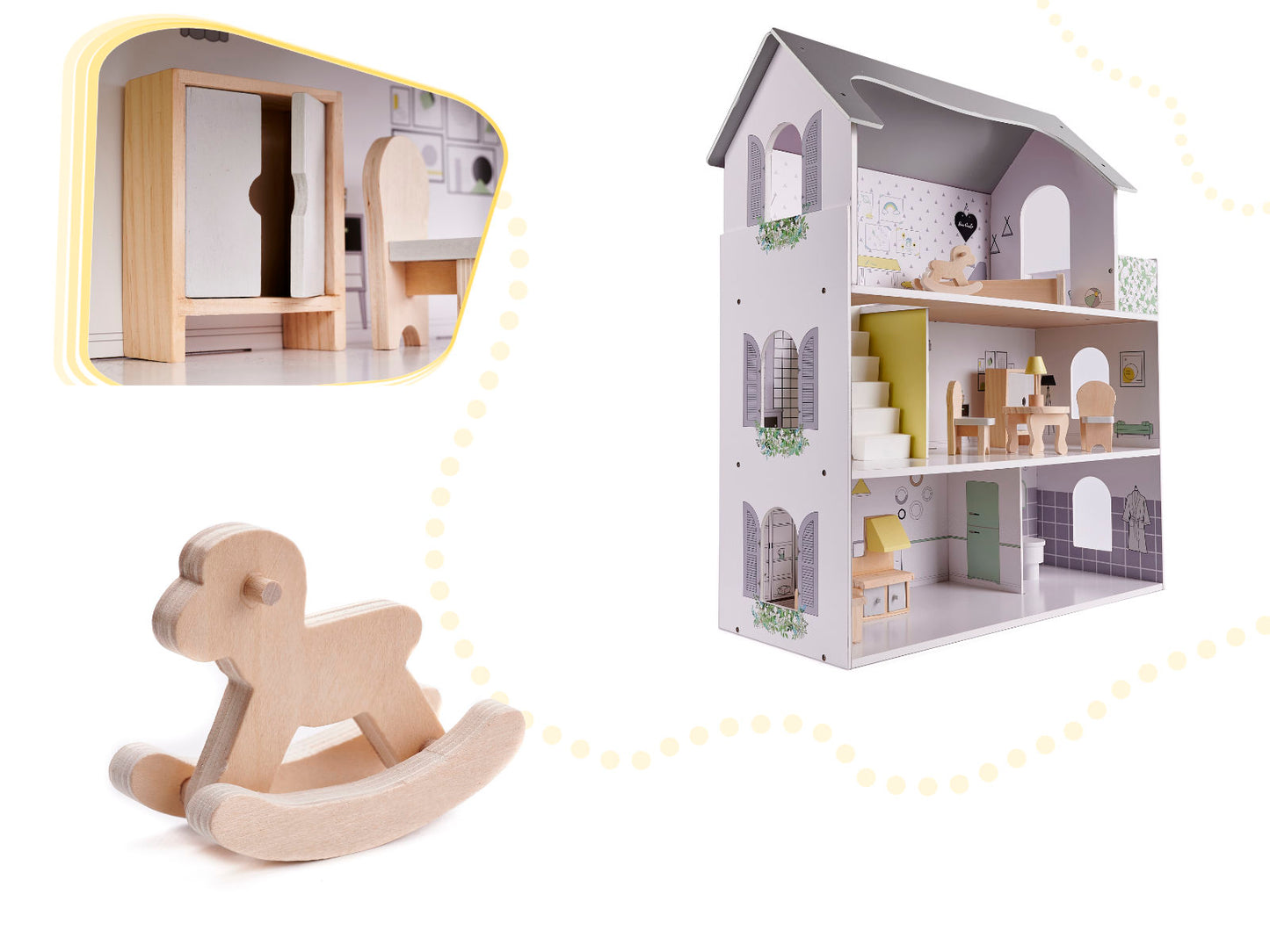 Drewniany domek dla lalek z mebelkami 70 cm szary