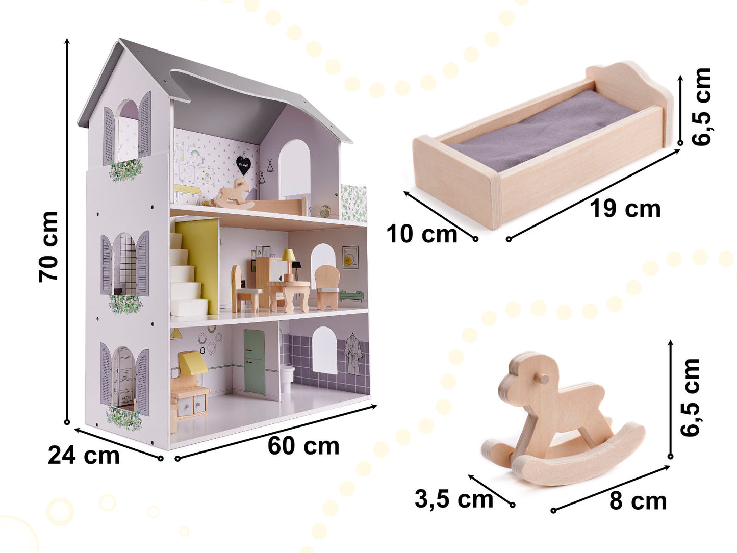 Drewniany domek dla lalek z mebelkami 70 cm szary