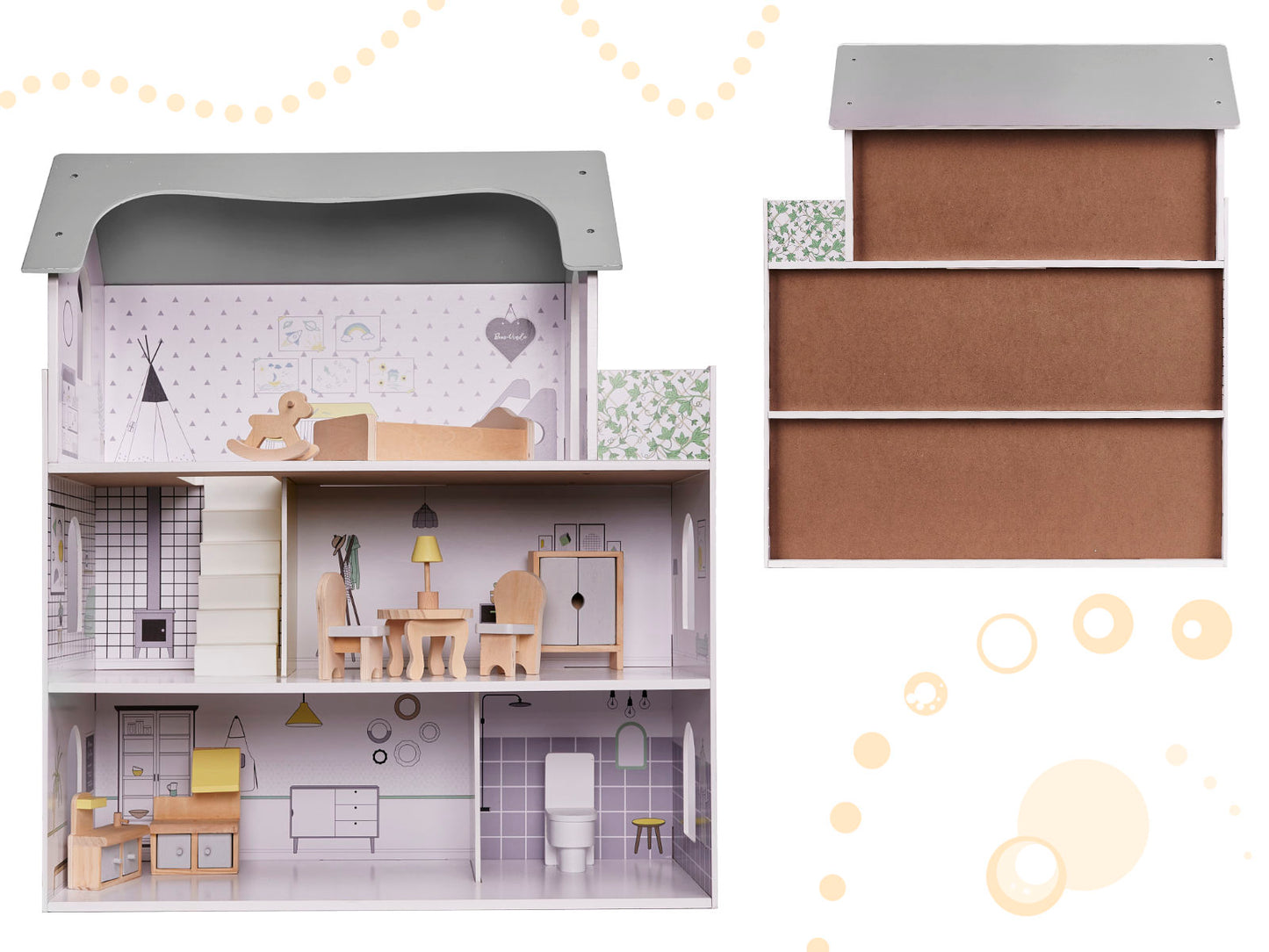 Drewniany domek dla lalek z mebelkami 70 cm szary
