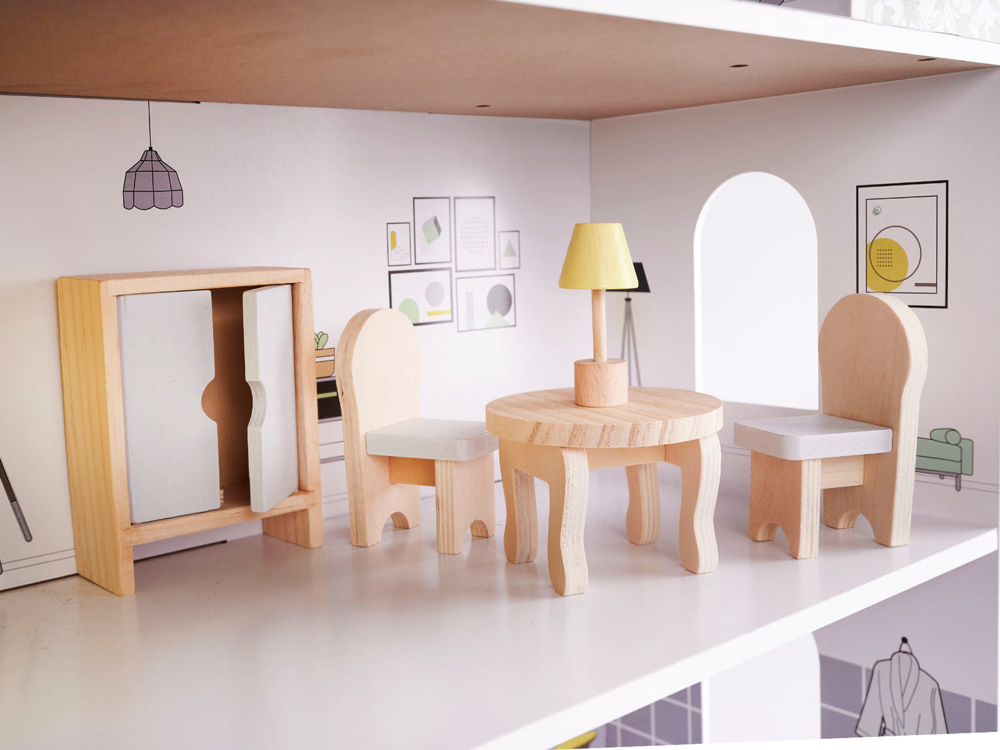 Drewniany domek dla lalek z mebelkami 70 cm szary