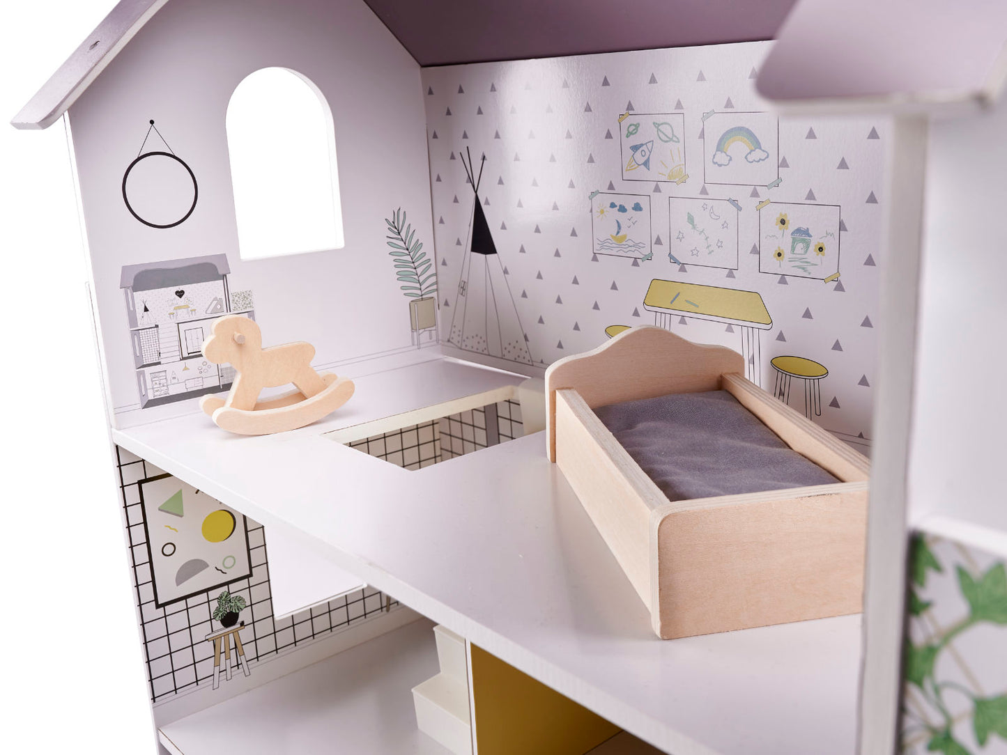 Drewniany domek dla lalek z mebelkami 70 cm szary