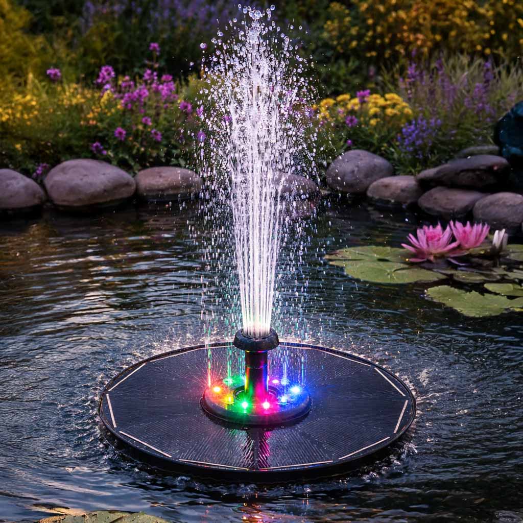 Fontanna solarna LUARO LED RGB do oczka wodnego, pływająca 16,5 cm, 8 dysz