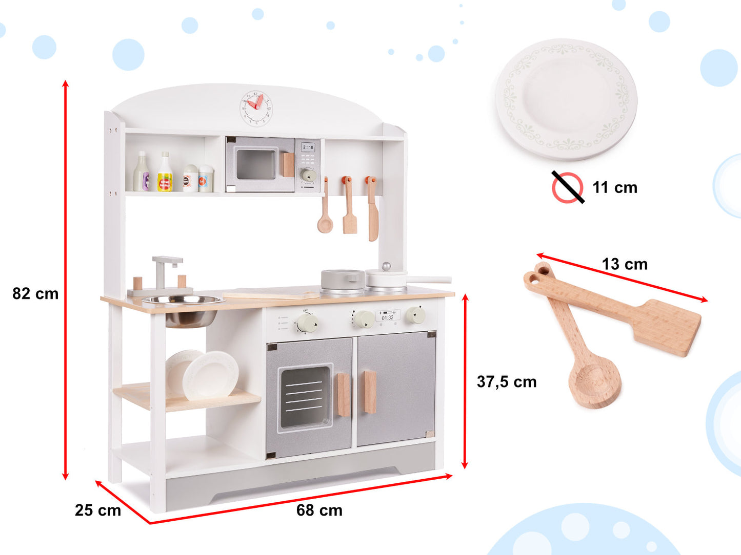 Drewniana kuchnia dziecięca MDF Modern Classic z akcesoriami, szara, 82 cm