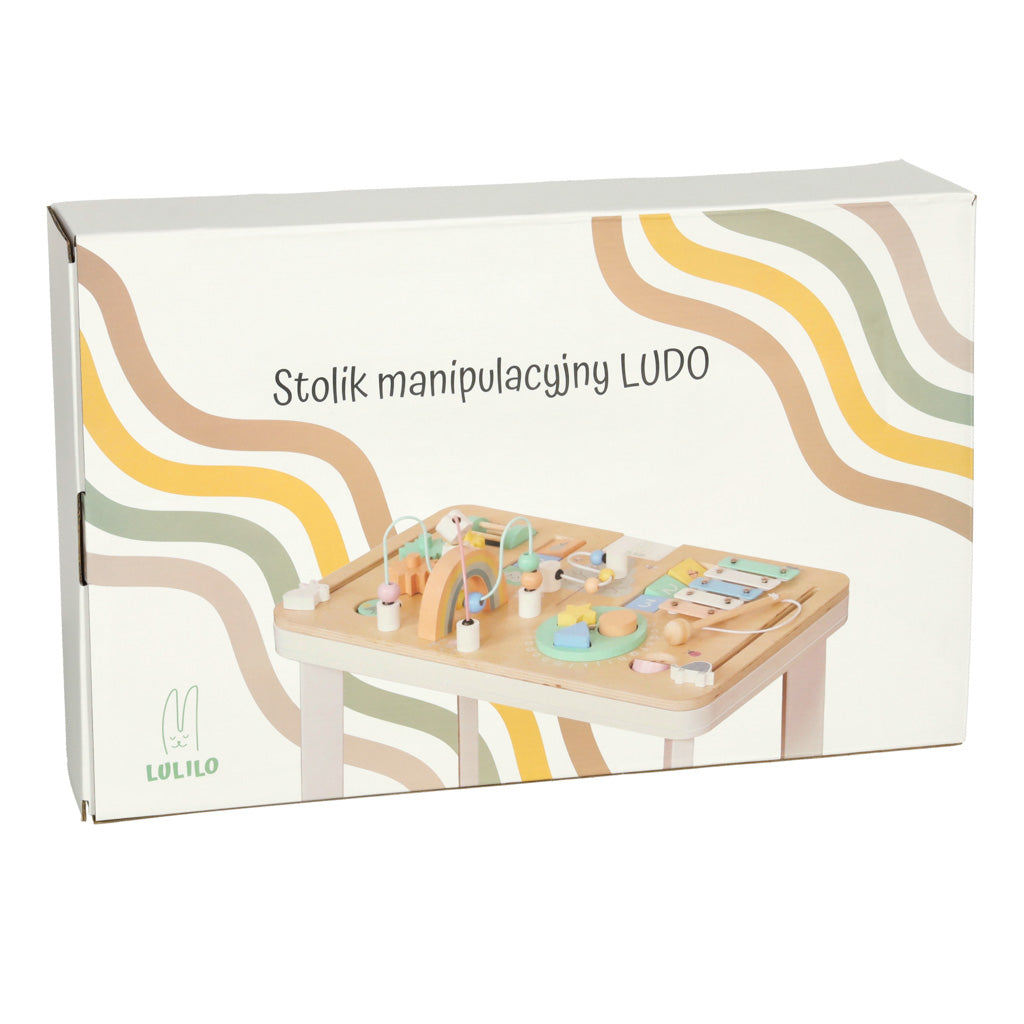 Tablica manipulacyjna LULILO LUDO stolik drewniany sensoryczny 2w1 miętowy