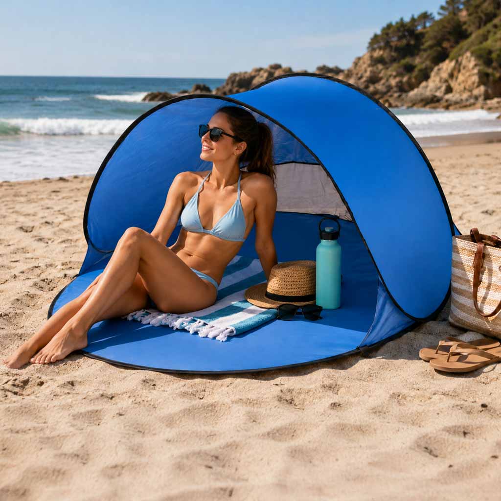Namiot plażowy automatyczny XL 146 x 146 cm niebieski z pokrowcem i śledziami