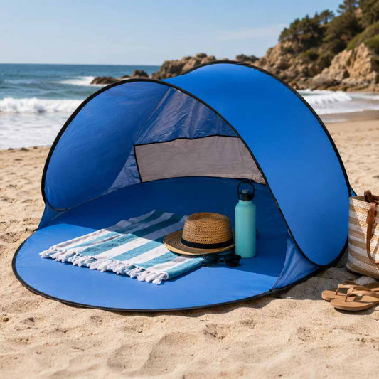 Namiot plażowy automatyczny XL 146 x 146 cm niebieski z pokrowcem i śledziami
