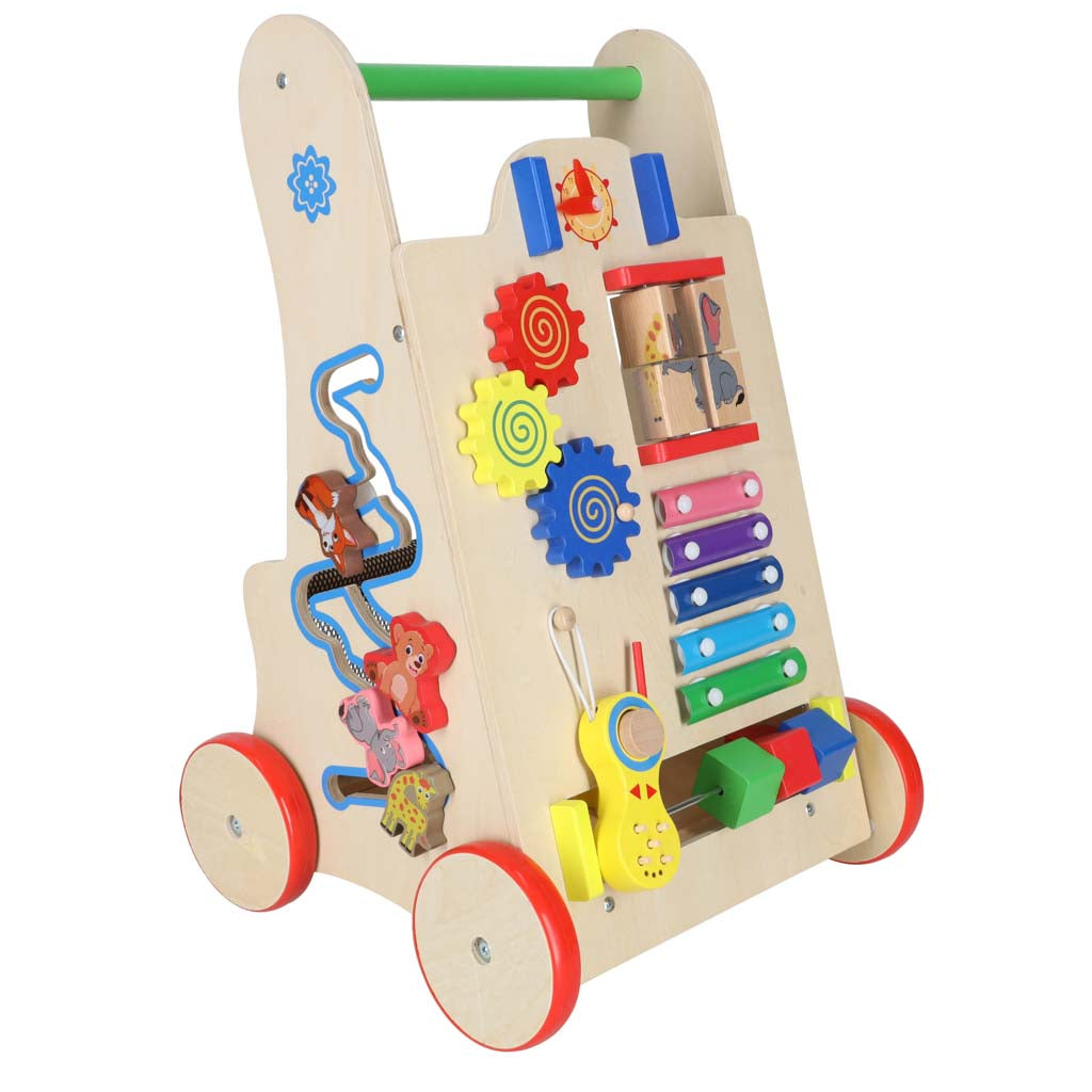 Drewniany pchacz edukacyjny 6w1 z kostką manipulacyjną