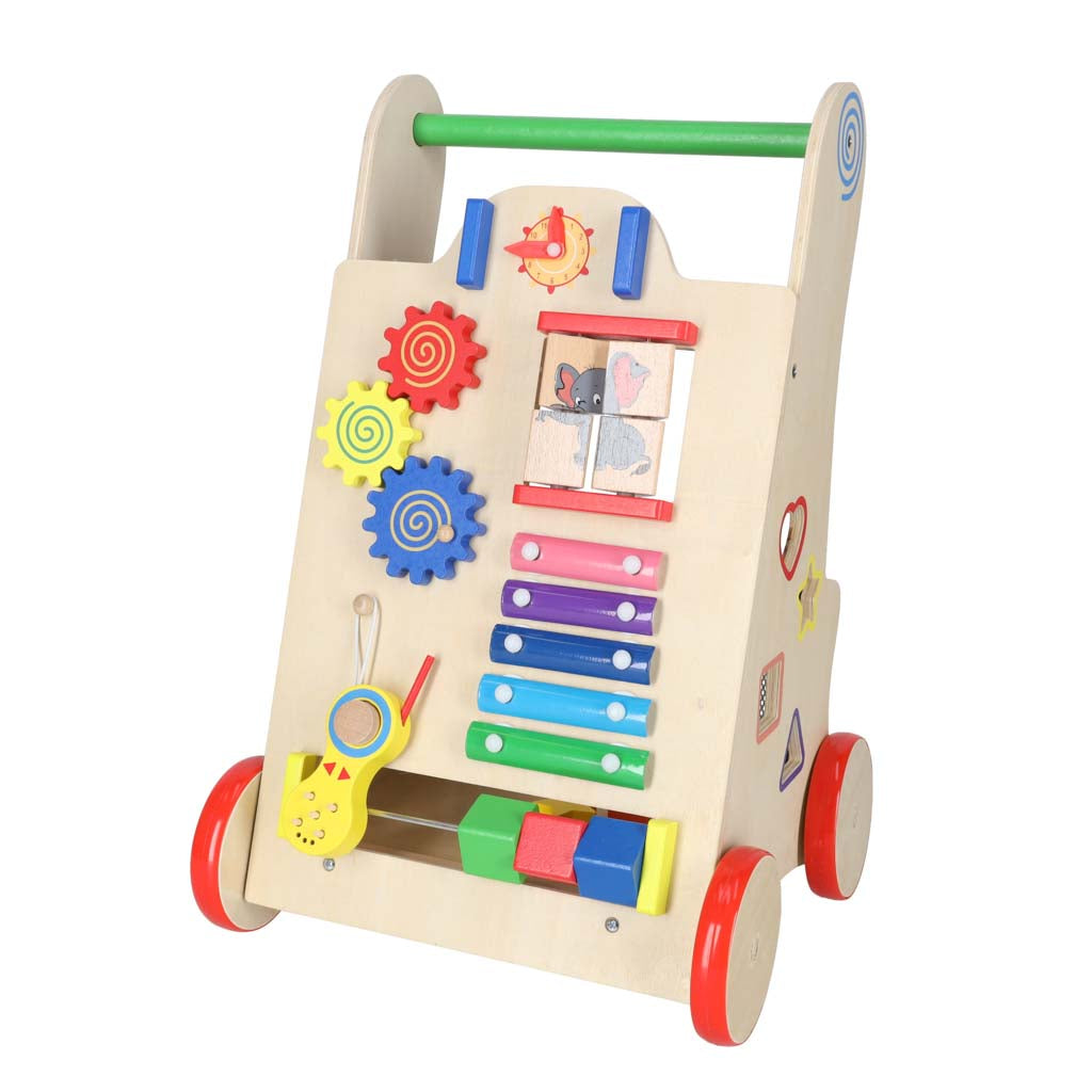 Drewniany pchacz edukacyjny 6w1 z kostką manipulacyjną