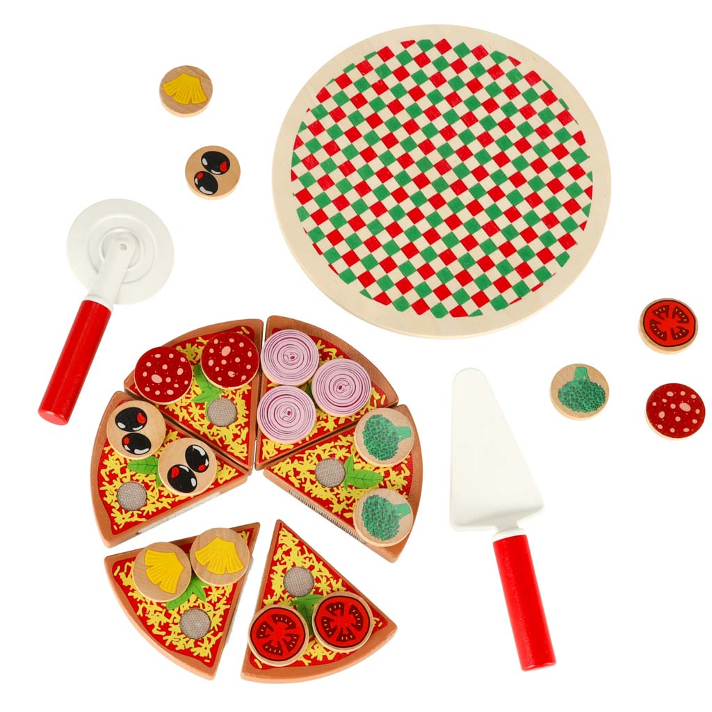 Pizza drewniany zestaw do zabawy na rzep  akcesoria łopatka nóż talerz nauka krojenia 20cm