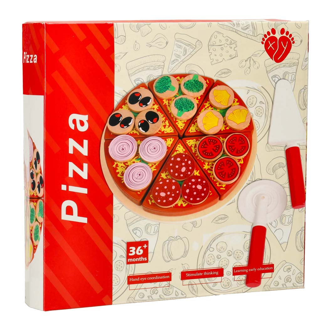 Pizza drewniany zestaw do zabawy na rzep  akcesoria łopatka nóż talerz nauka krojenia 20cm