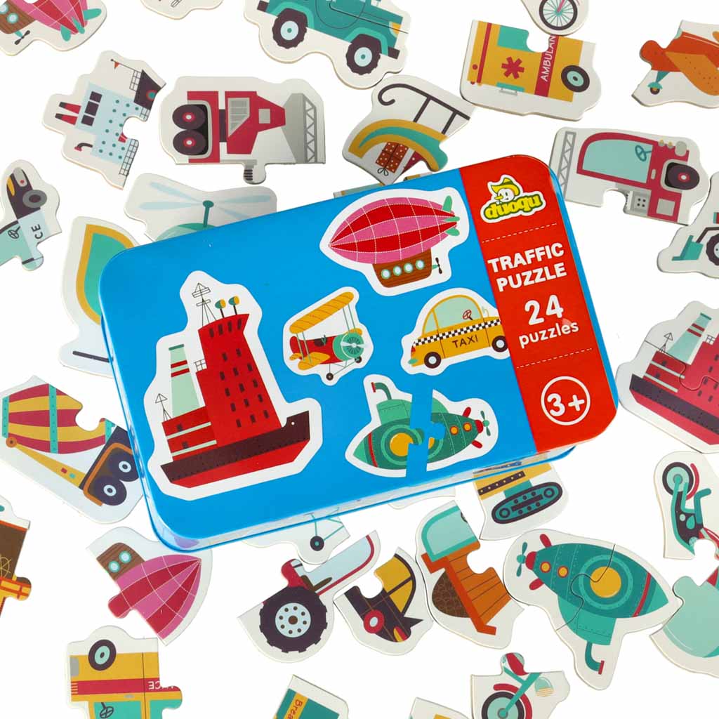 Puzzle dla dzieci układanka w puszce pojazdy 48 puzzli 24 obrazki