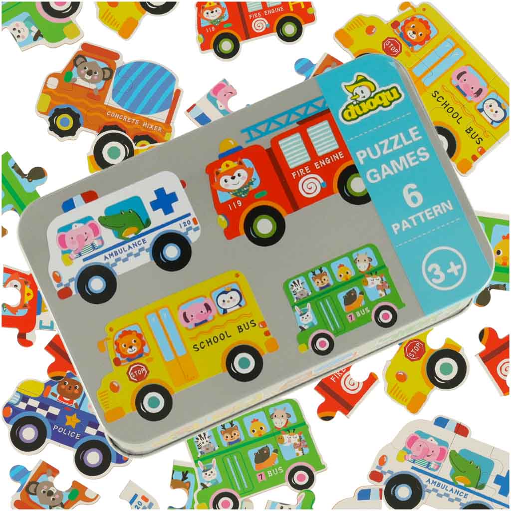 Edukacyjne puzzle dla dzieci w puszce – pojazdy, 30 elementów, 6 obrazków