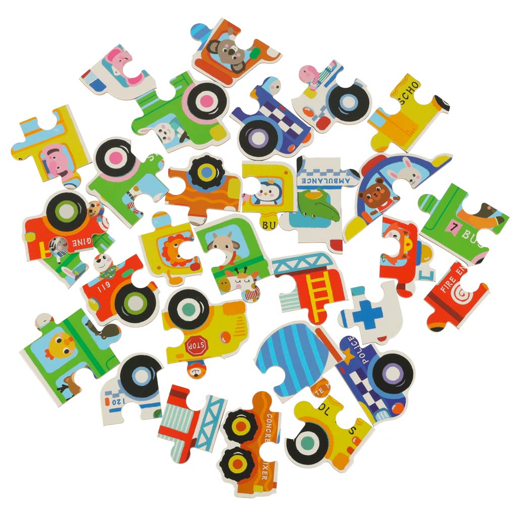 Edukacyjne puzzle dla dzieci w puszce – pojazdy, 30 elementów, 6 obrazków