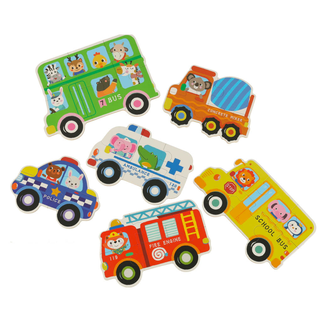 Edukacyjne puzzle dla dzieci w puszce – pojazdy, 30 elementów, 6 obrazków