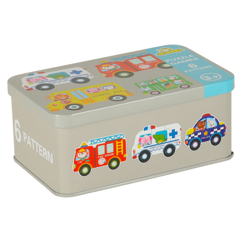 Edukacyjne puzzle dla dzieci w puszce – pojazdy, 30 elementów, 6 obrazków