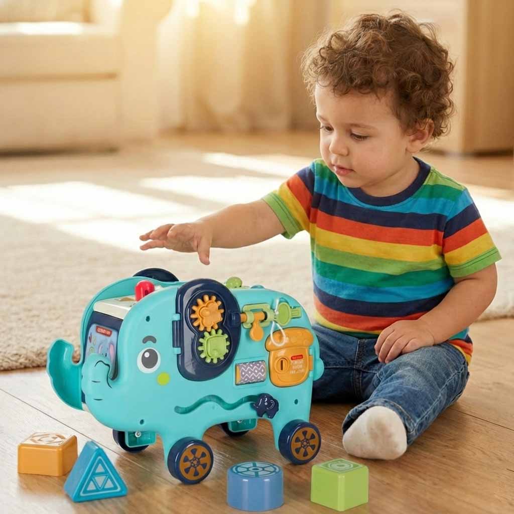Słonik tablica manipulacyjna montessori wbijak sorter klocki młotek 26cm