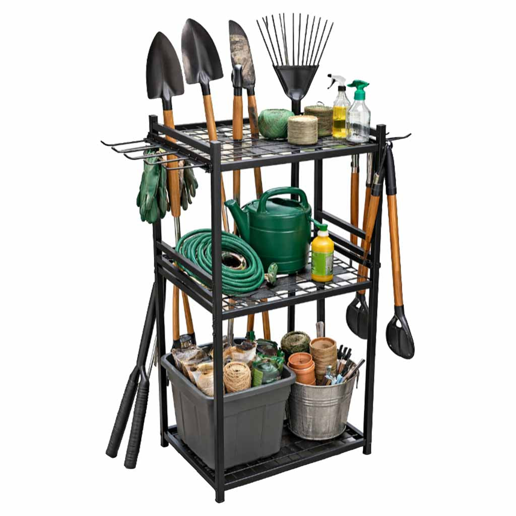 LUARO Metalowy stojak ogrodowy na narzędzia, organizer do grabi, łopat i mioteł, czarny, 81 cm