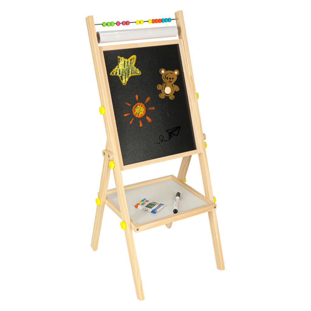 Dwustronna tablica magnetyczno-kredowa drewniana 38x37x90 cm z literkami i akcesoriami