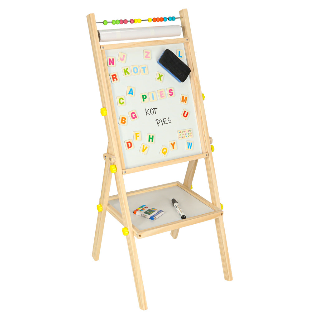 Dwustronna tablica magnetyczno-kredowa drewniana 38x37x90 cm z literkami i akcesoriami