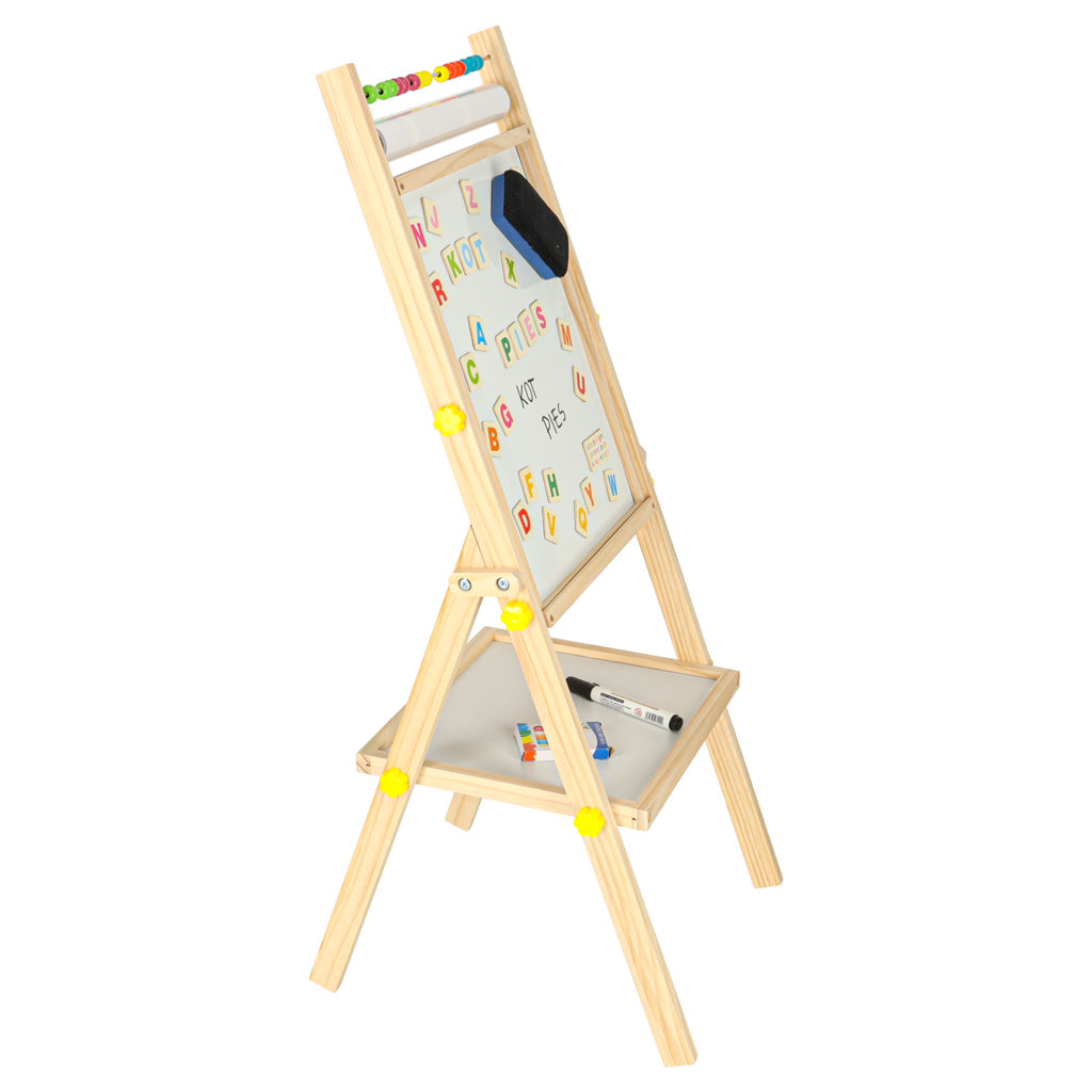 Dwustronna tablica magnetyczno-kredowa drewniana 38x37x90 cm z literkami i akcesoriami