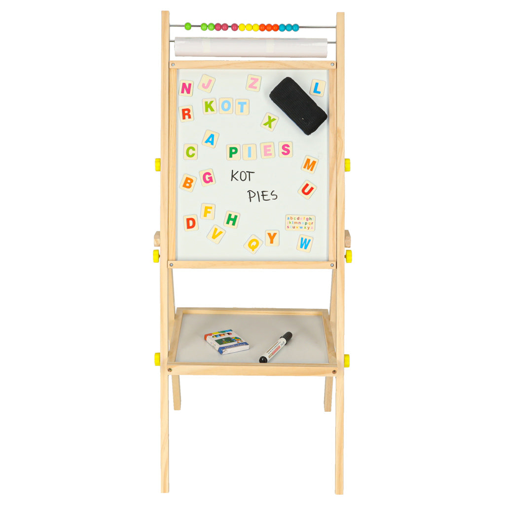 Dwustronna tablica magnetyczno-kredowa drewniana 38x37x90 cm z literkami i akcesoriami