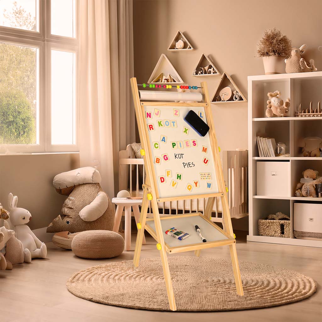 Dwustronna tablica magnetyczno-kredowa drewniana 38x37x90 cm z literkami i akcesoriami