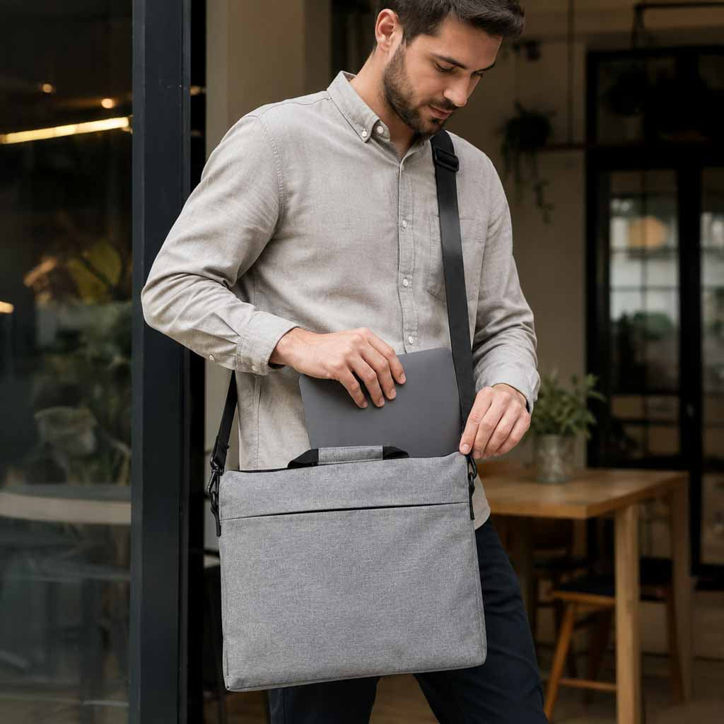 Elegancka torba na laptopa 15,6 cala szara z paskiem na ramię i uchwytami