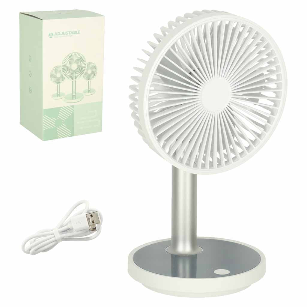 Wentylator biurkowy bezprzewodowy USB z akumulatorem 4 tryby pracy LED biały 30–38 cm