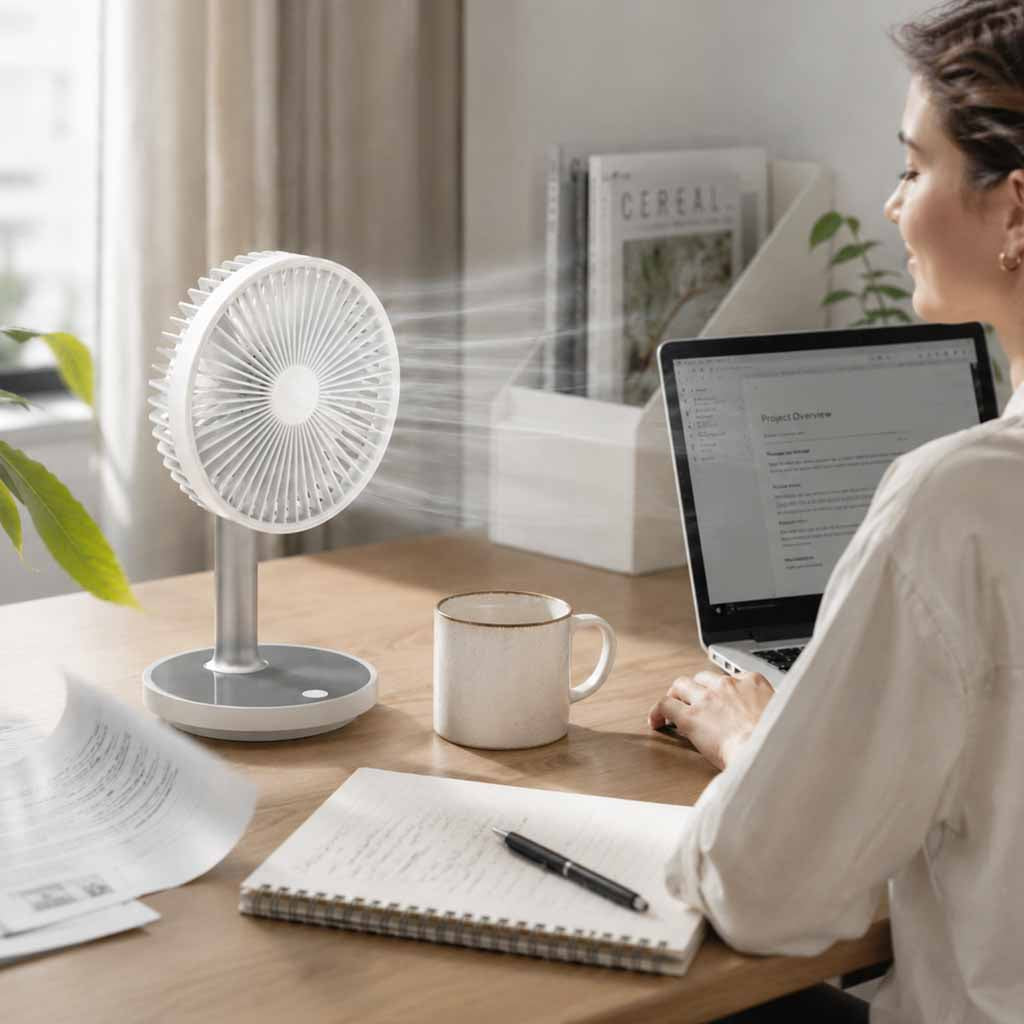 Wentylator biurkowy bezprzewodowy USB z akumulatorem 4 tryby pracy LED biały 30–38 cm