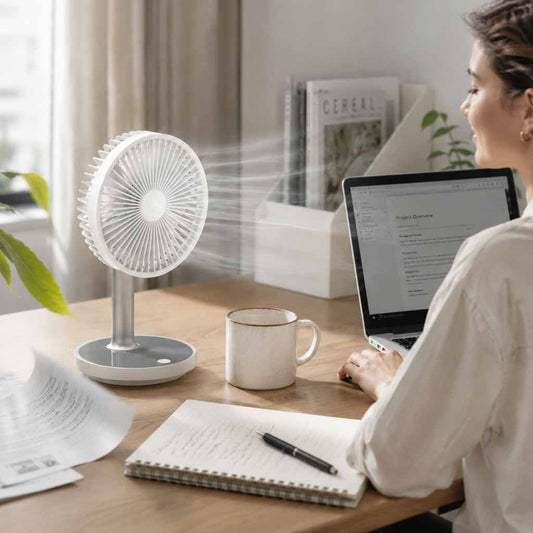 Wentylator biurkowy bezprzewodowy USB z akumulatorem 4 tryby pracy LED biały 30–38 cm