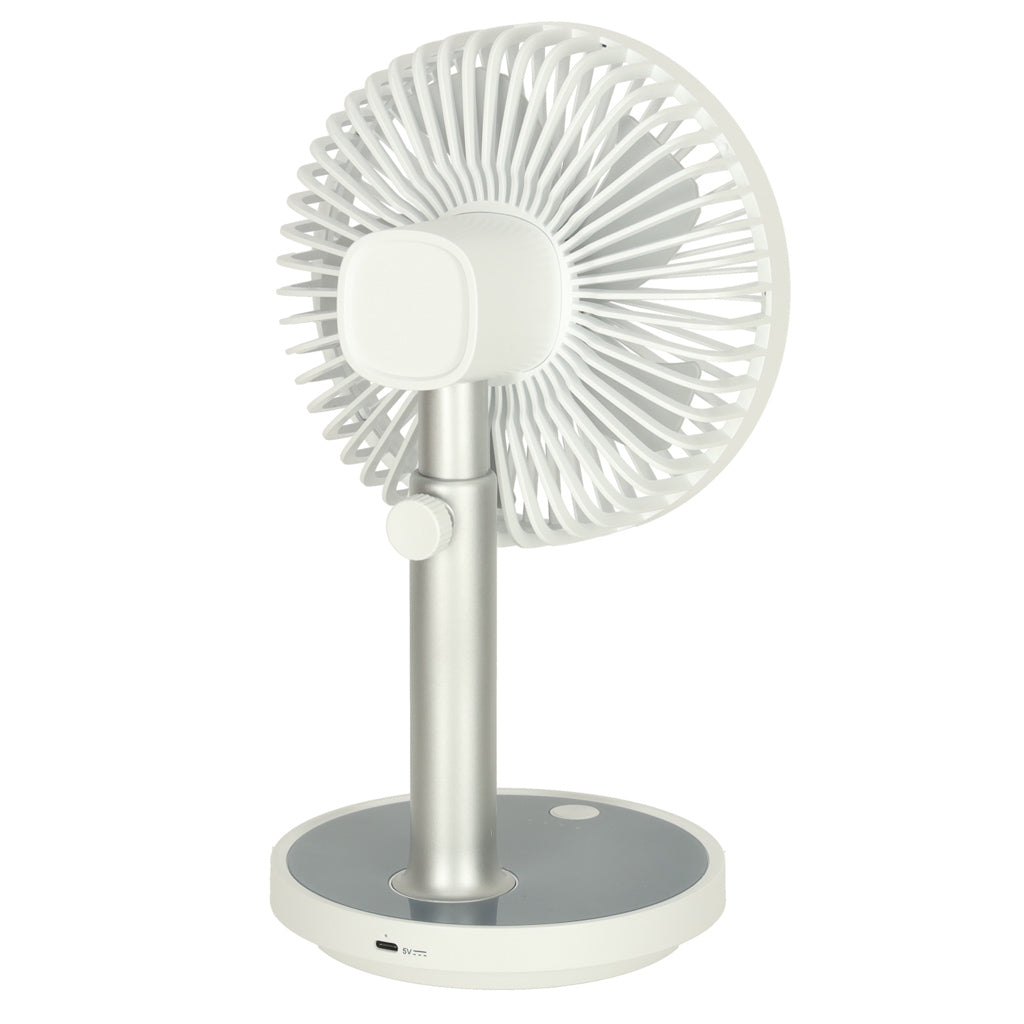 Wentylator biurkowy bezprzewodowy USB z akumulatorem 4 tryby pracy LED biały 30–38 cm