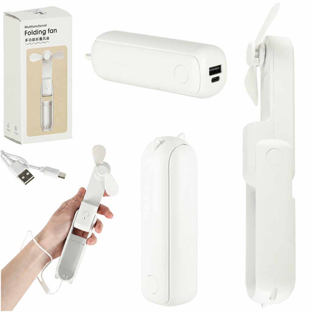 Składany wentylator biurkowy USB 2w1 z funkcją powerbanku, biały
