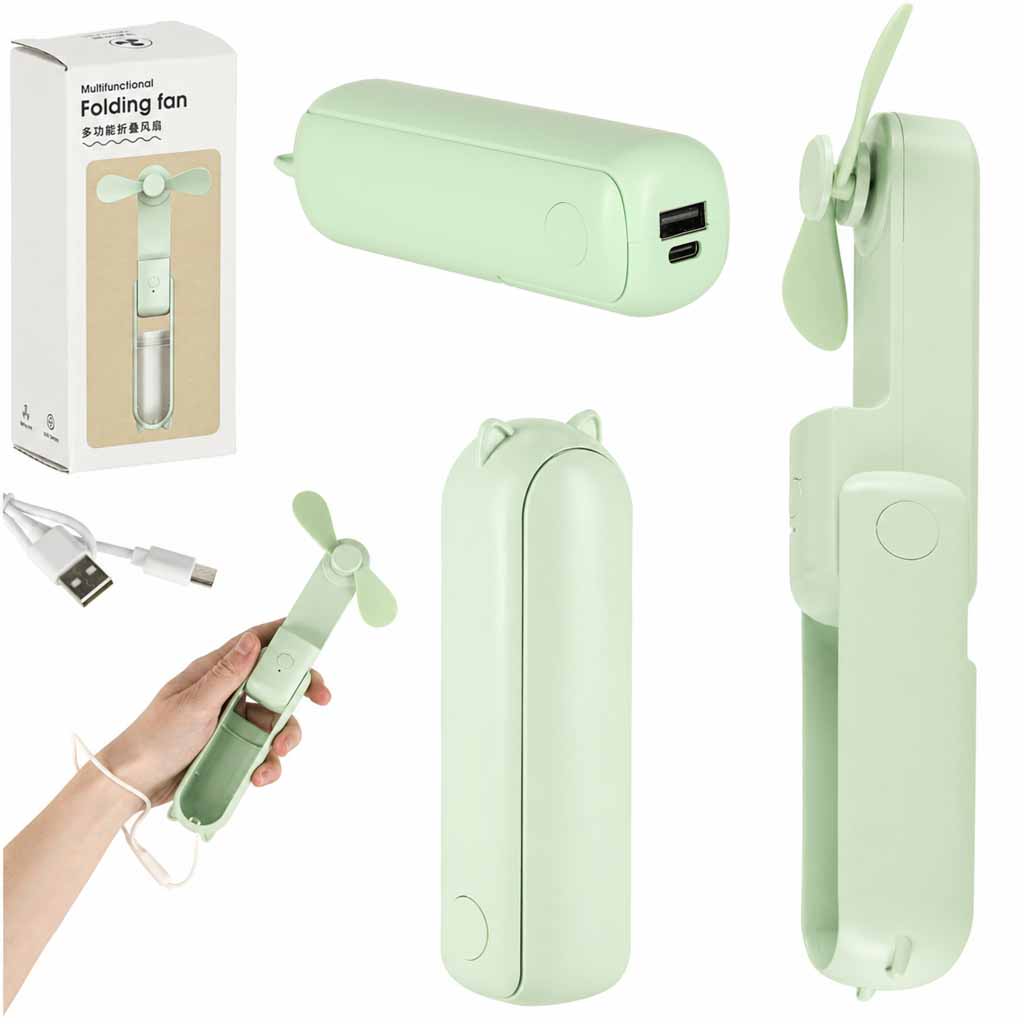 Składany mini wentylator USB 3W zielony 1200 mAh z akumulatorem i 3 trybami nawiewu