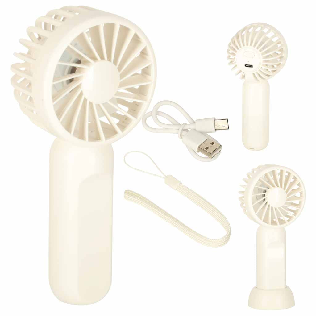 Mini wentylator USB z podstawką i smyczą, przenośny, 3 tryby nawiewu, 1200 mAh, biały, 13,8 cm