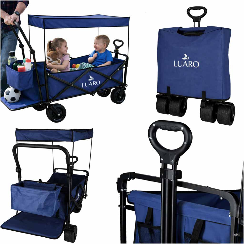 Wózek transportowy LUARO plażowy składany z daszkiem i siatką 120l granatowy