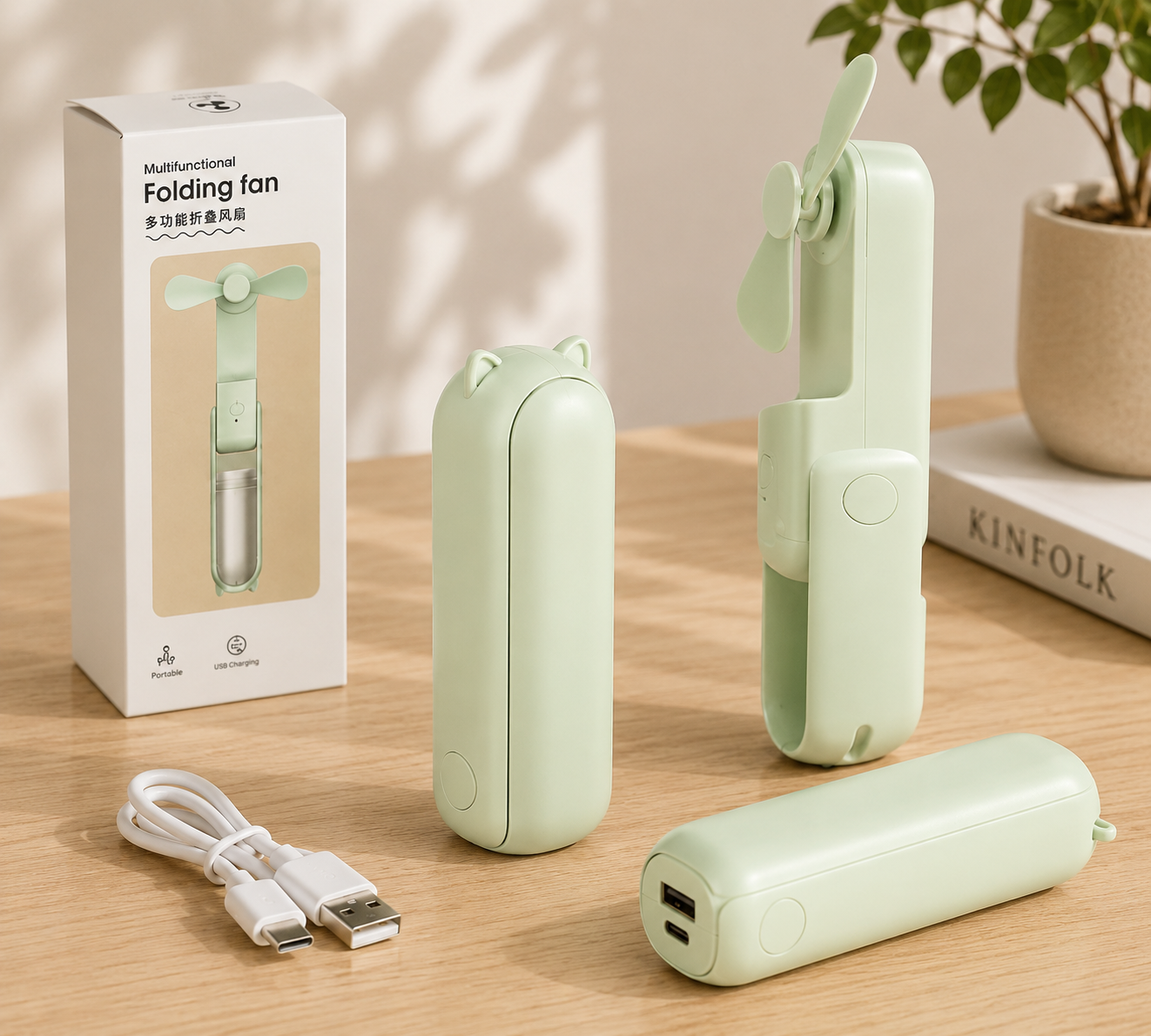 Składany mini wentylator USB 3W zielony 1200 mAh z akumulatorem i 3 trybami nawiewu
